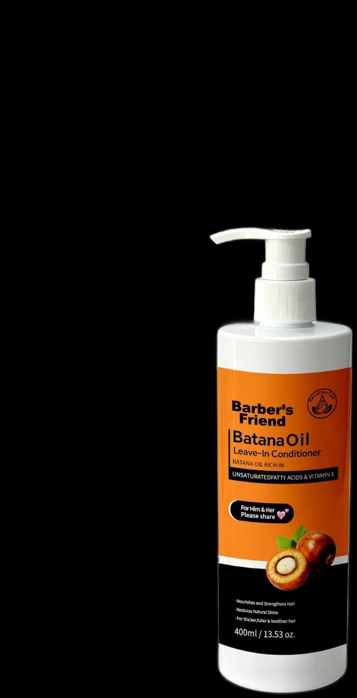 Barber's Friend Batana Oil Leave-In Conditioner, 400ml white pump bottle with an orange label