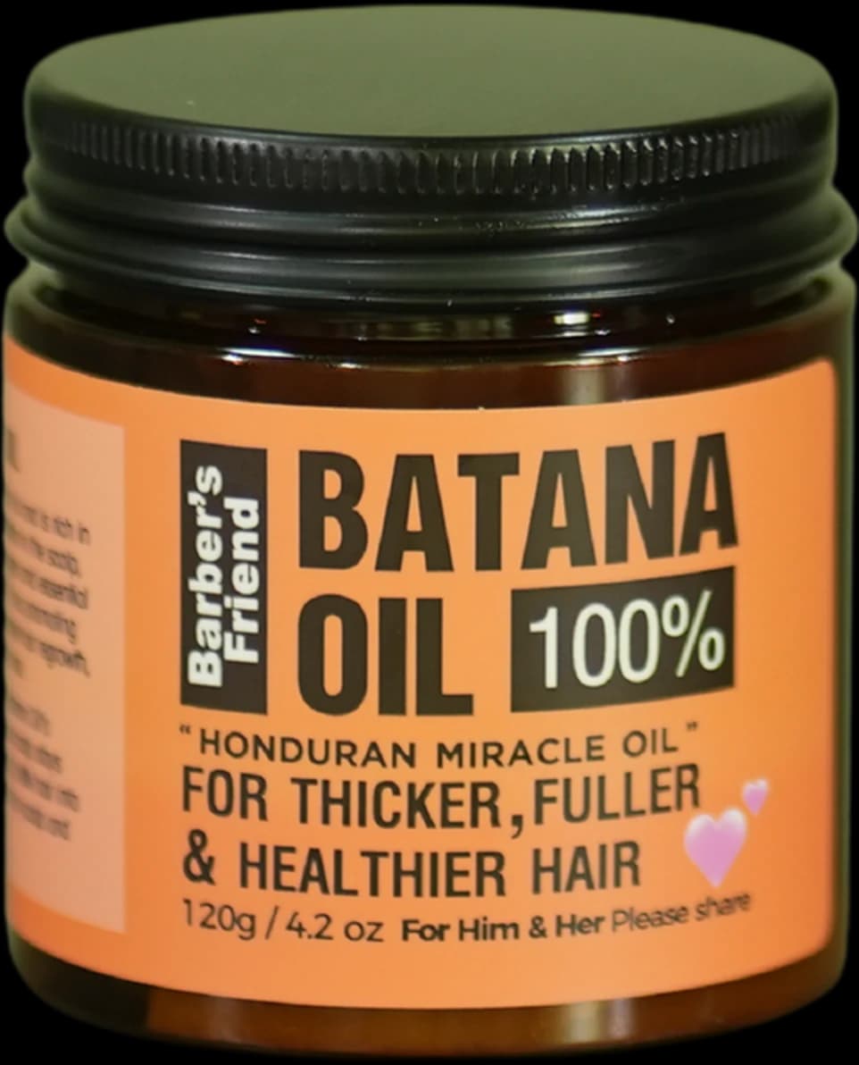 Barber's Friend 100% Raw Batana Oil in a 120g amber glass jar with orange label