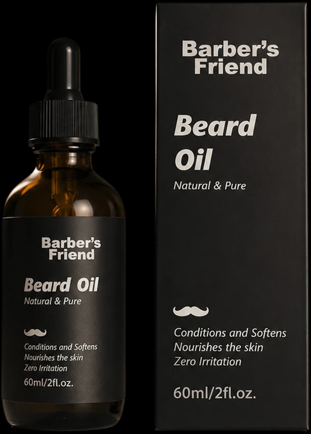 Barber's Friend Beard Oil 60ml amber dropper bottle beside its black presentation box