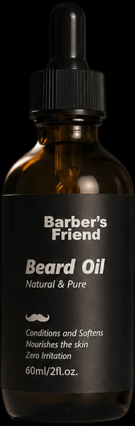 Barber's Friend Beard Oil 60ml amber dropper bottle beside its black presentation box