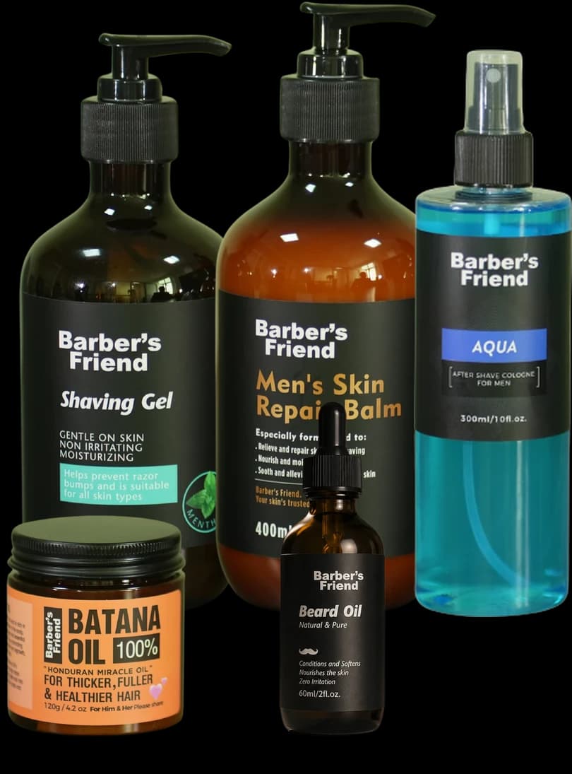 Barber's Friend Shaving Gel, Men's Skin Repair Balm, Aqua cologne, Batana Oil and Beard Oil grouped together