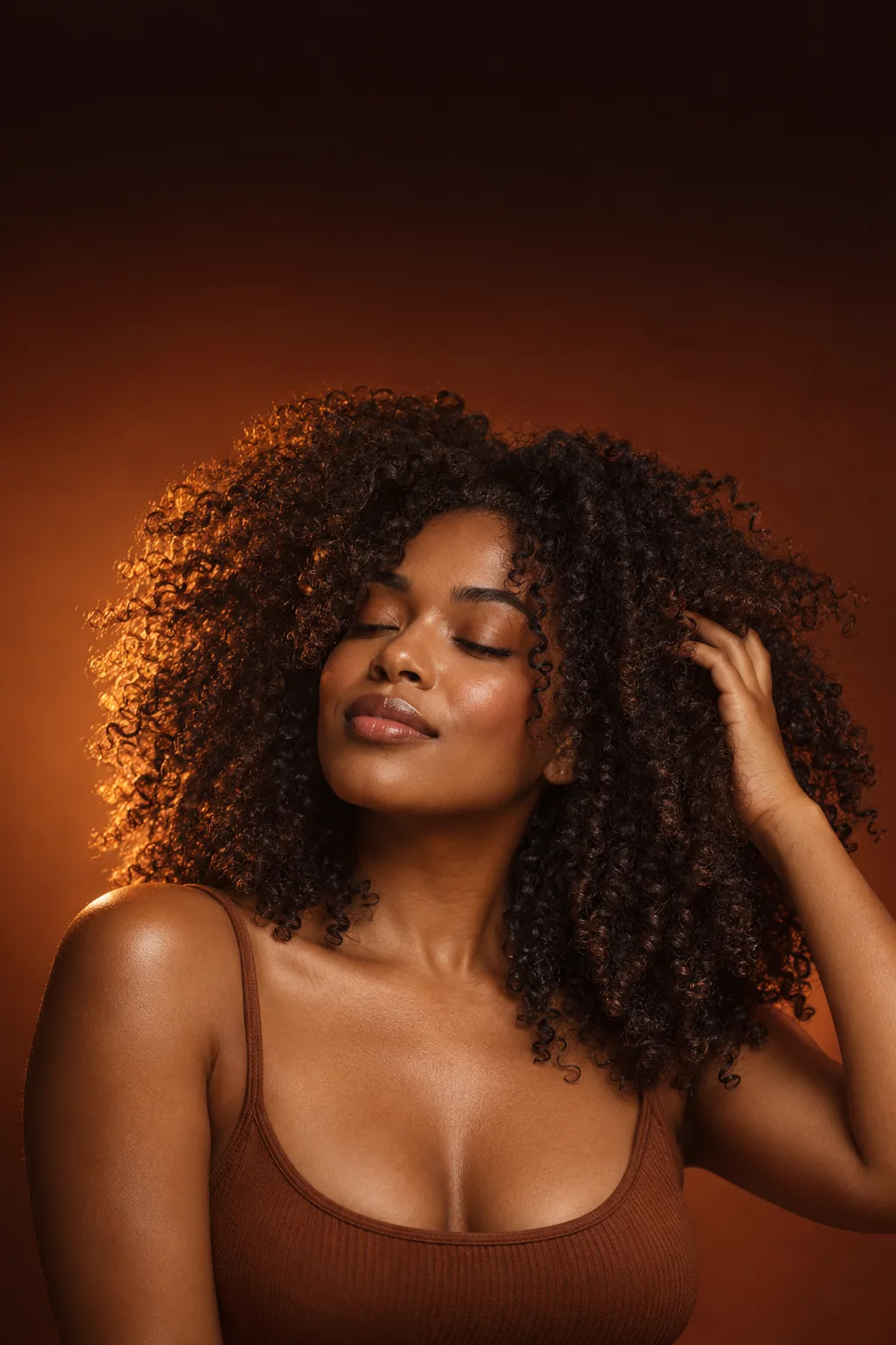 A woman running her fingers through voluminous, defined natural curls, lit in warm terracotta.